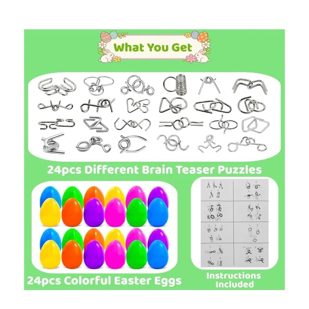 24Pack Prefilled Easter Eggs for Basket Stuffers with Metal Brain Teaser Puzzle